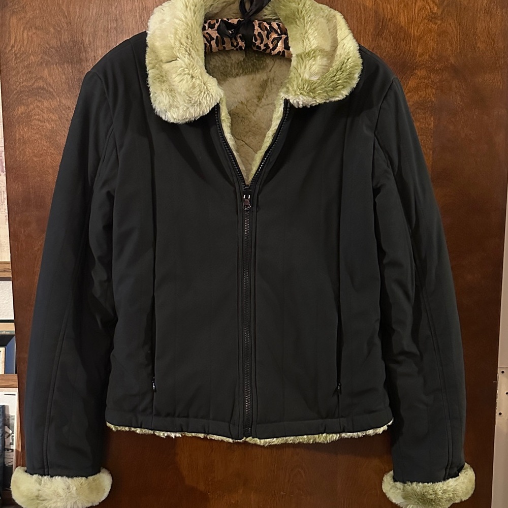 Faded Glory Black Teddy Jacket with Green Accents